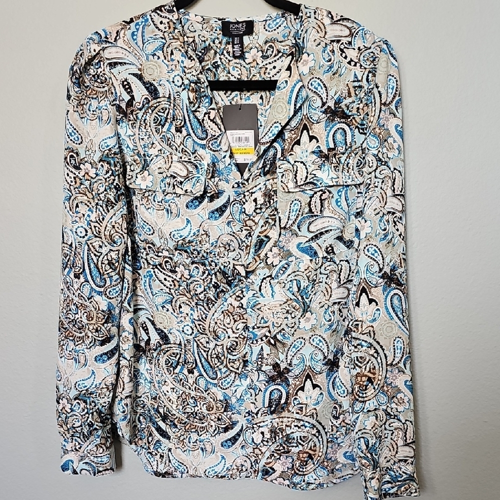 Jones New York NWT Boho Paisley Print Long Sleeve Split Neck Blouse Medium